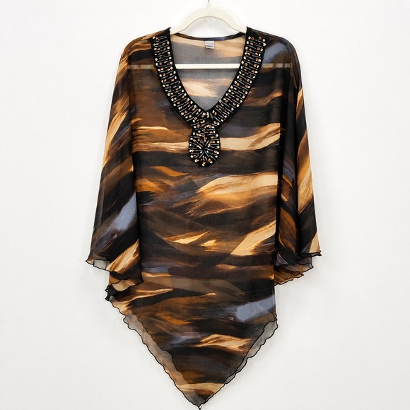 Chico's Sweaters - Chico's Beaded Sheer Poncho Blouse Brown Abstract Boho One Size